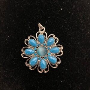 Flower Mandala Pendant, Blue and Silver Tone